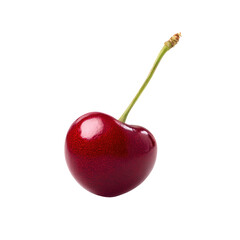A single, plump cherry with a green stem, isolated on a pure transparent background, highlighting its freshness