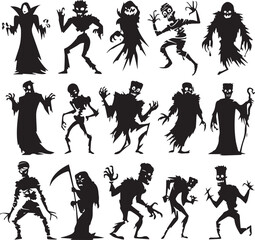 Halloween Monsters Silhouette Vector Set – Vampire, Zombie, Skeleton, and Ghost Icons