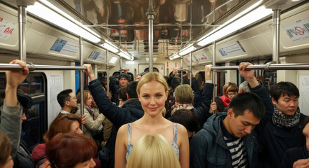 Young blonde woman smiling directly at the camera amidst a crowded subway car during rush hour in a metro train.