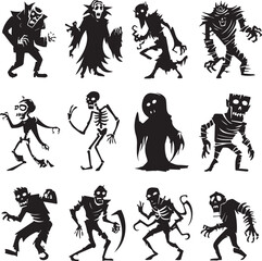 Halloween Monsters Silhouette Vector Set – Vampire, Zombie, Skeleton, and Ghost Icons
