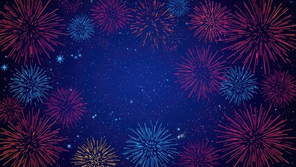 Fototapeta premium Fireworks display with colorful bursts illuminating the night sky. Celebration and festival scene. Colorful explosive lights in the dark. Night sky filled with fireworks.