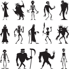 Halloween Monsters Silhouette Vector Set – Vampire, Zombie, Skeleton, and Ghost Icons