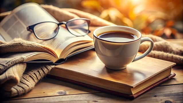 Cozy autumn scene with open book reading glasses and a warm cup of coffee on a wooden table - Powered by Adobe