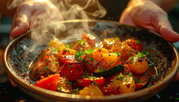Culinary Creation: Close-up of hands tenderly presenting a steaming, colorful medley of vegetables, evoking the sensory delight of a culinary masterpiece. 