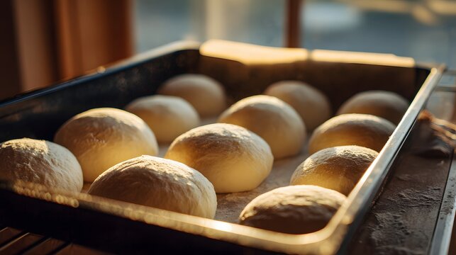Unbaked dough portions rest in a dark metal tray bathed in warm sunlight