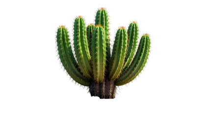 A lush, spiky cactus with multiple green stalks radiating from a central, brown base