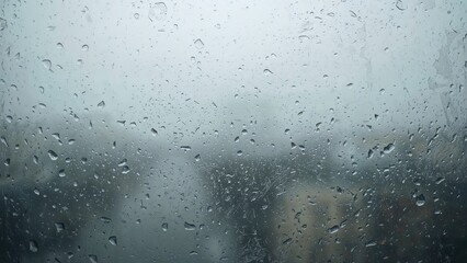 Rainy weather through a window with water droplets, overcast sky, gloomy atmosphere. Weather and nature, concept. The feeling of rain and precipitation.