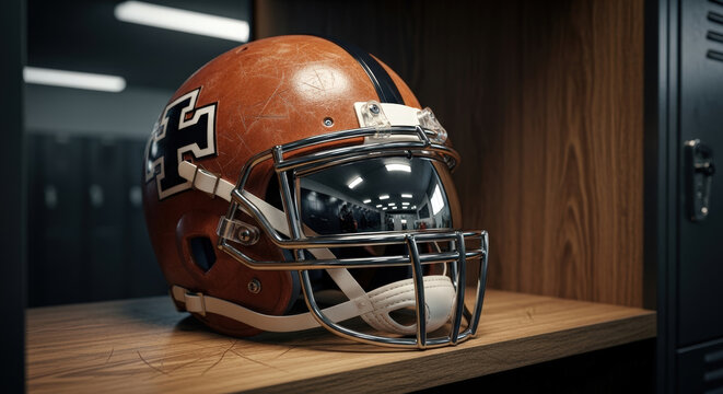 Close-up of an orange American football helmet with team logo displayed on a wooden locker shelf in a sports locker room.