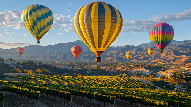 Dreamlike sunset view of colorful hot air balloons ascending over Temecula Valley, California, vibrant dusk sky creating a magical atmosphere of exploration and beauty