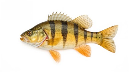 A freshwater fish with yellow and black vertical stripes, fins, and a streamlined body.