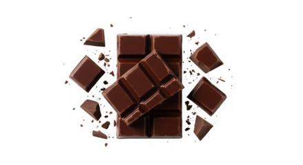 Delicious dark chocolate bar isolated on transparent background with pieces around