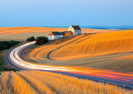Rural broadband installation with fiber optic cables stretching across open fields, illustrating high-speed internet expansion, telecommunications infrastructure, and modern digital access