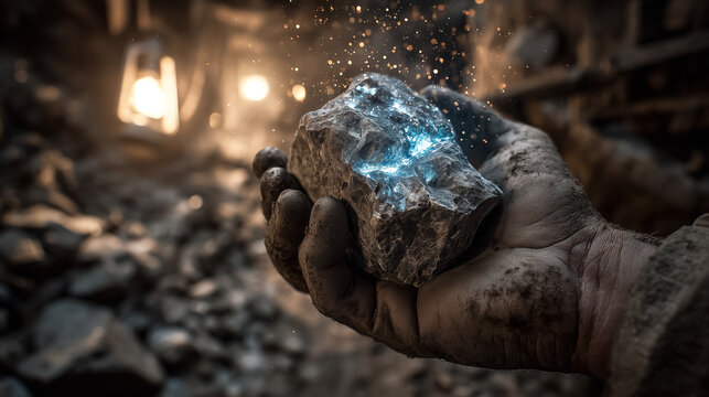 A rare earth ore lump glows in the hands of a miner under a large mine.