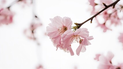 Fototapeta premium Pink cherry blossoms on a branch with a blurred background.