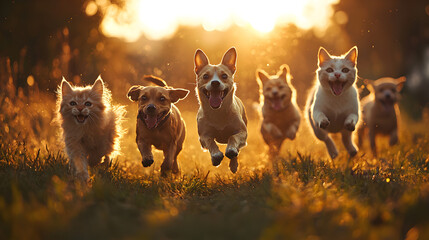 Joyful group of playful dogs and cats chasing each other across a sunlit field, energetic pets showing pure friendship, fun, and carefree moments in beautiful natural surroundings