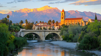 Scenic view of Pasadena featuring Colorado Street Bridge at sunset, overlooking the Arroyo Seco with San Gabriel Mountains beyond, Southern California travel and landscape photography concept