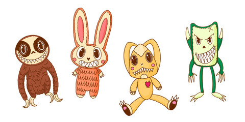 Cute and scary Monster Characters set. Rabbit, cat and bear with claws and horns. Funny mascot kawaii beasts in hand drawn modern style. 