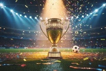Victory celebration on stadium with golden trophy and confetti
