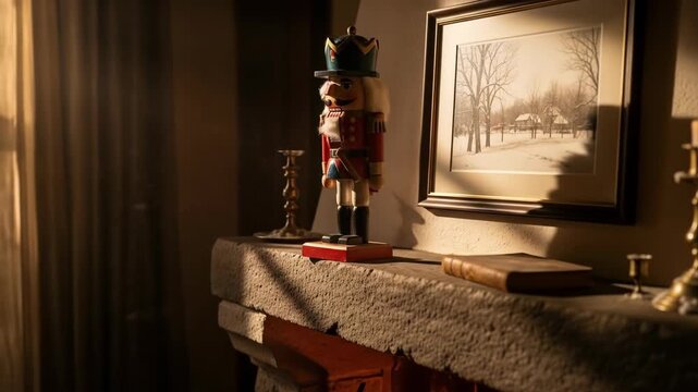 Antique nutcracker soldier in dramatic cinematic light, guarding holiday memories on stone fireplace mantel