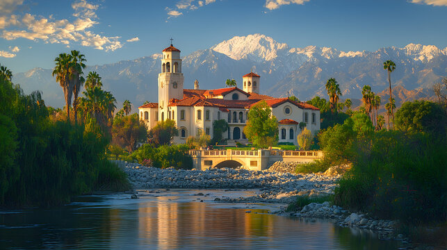 Stunning Pasadena panorama with iconic Colorado Street Bridge over the Arroyo Seco canyon, framed by the San Gabriel Mountains, symbolizing California architecture and natural beauty