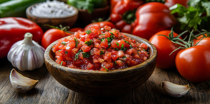 Close-up of colorful homemade salsa with tomatoes, chili, and cilantro in rustic pottery bowl, vibrant organic ingredients for Mexican food theme and authentic culinary presentation