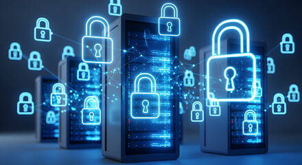 Digital cybersecurity data protection with lock icons over server hardware