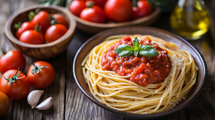 Homemade Italian spaghetti served with thick red sauce, basil garnish, and parmesan cheese, photographed with tilt-shift focus for artistic miniature look, comfort food and gourmet lifestyle concept
