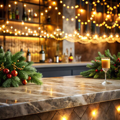 Obraz premium Elegant holiday bar counter backdrop with empty marble surface in the foreground, blurred golden lights, pine garland, and festive cocktails in the background — perfect for seasonal beverage promotion