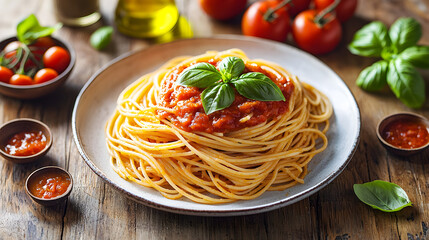 Beautiful tilt-shift image of homemade spaghetti with thick tomato sauce, parmesan, and herbs, traditional Italian dinner highlighting texture, depth, and fine dining presentation