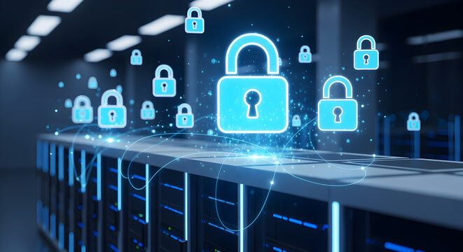 Cybersecurity data protection with digital lock icons over server racks