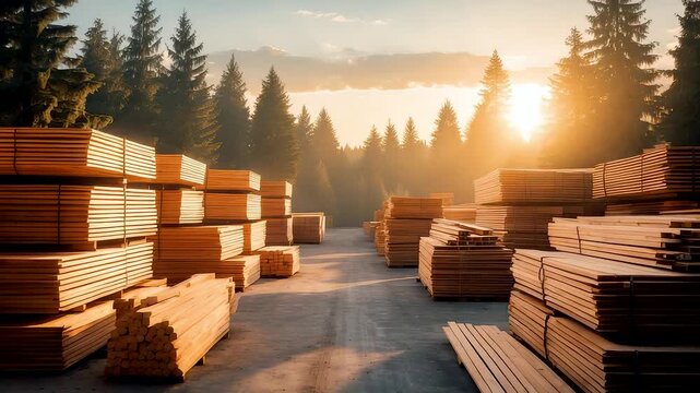 Sunrise Over Stacks of Fresh Cut Lumber in Forest Sawmill Yard with Golden Light and Pine Trees