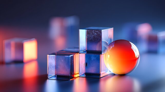 Illuminated geometric shapes including translucent cubes and a glowing sphere rest on a reflective surface
