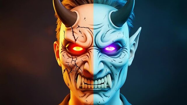 Demonic Manifestation Transforming Masked Horned Figure with Glowing Eyes and Sharp Teeth.