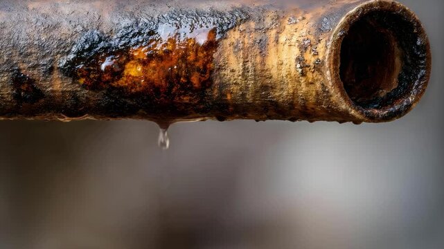 Close-up of a rusted pipe dripping water, with a single droplet hanging from the end.