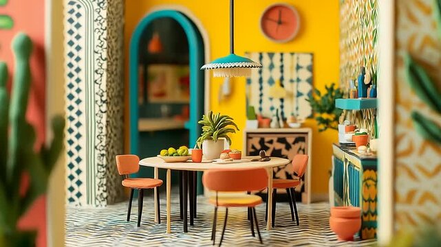 Miniature dining area stylized with vibrant colors and patterned textures