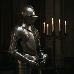 Intricate medieval armor stands in a grand hall, symbolizing the noble code of chivalry, honor, and ancient valor. A historical scene ,helmet ,metal ,code