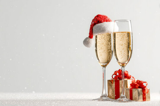 Two champagne flutes adorned with festive Santa hats, surrounded by beautifully wrapped gifts, creating a joyful holiday atmosphere with sparkling decorations