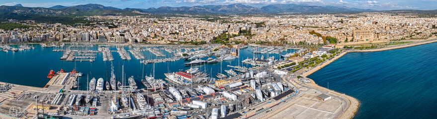 Aerial View of Palma de Mallorca Cityscape and Luxury Yacht Harbor with Cruises & Ferries © Mike Workman