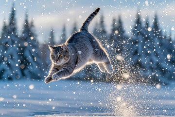 A gray tabby cat jumps high above the ground in a winter snow-covered forest with white and blue lighting