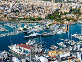 Aerial View of Palma de Mallorca Cityscape and Luxury Yacht Harbor with Cruises & Ferries © Mike Workman