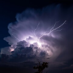 Powerful lightning illuminates the night sky in a dramatic electrical storm