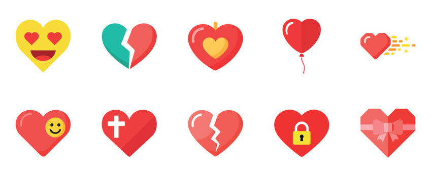 Colorful heart icons collection featuring emotions, locks, and balloons