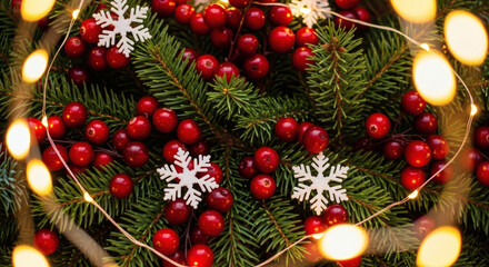 Fototapeta premium Festive Christmas Background with Cranberries, Fir Branches, Snowflakes, and Warm Lights