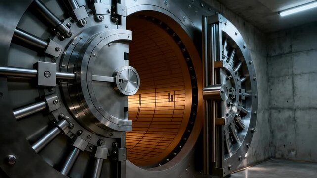 Round depository door with a complex locking mechanism swings open. Accessing secure storage for valuable assets. Panning and tilting medium shot.