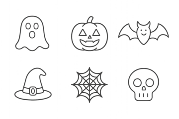 Halloween Icons Set Ghost, Pumpkin, Bat, Witch Hat, Spiderweb, and Skull - Vector Outlines