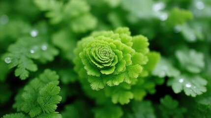 Macro shot of a vibrant green fern unfurling its spirals with delicate water droplets glistening on its fractal leaves in soft natural light a close-up view of botanical life and natural patterns