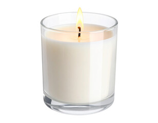 A lit white candle in a clear glass jar isolated on transparent background