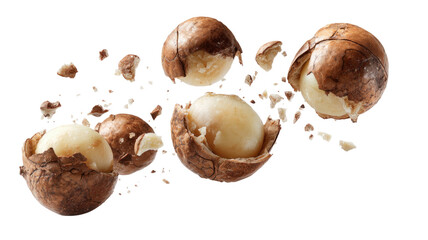 Cracked macadamia nuts with brown shells and creamy kernels showing healthy organic food ingredient isolated on white background