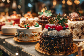 Naklejka premium Assorted festive cakes displayed in a bakery showcase, featuring rich chocolate, creamy frosting, and decorative toppings, creating a delightful holiday atmosphere
