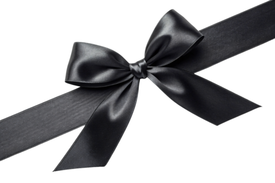 Black silk ribbon tied in classic bow formation, two prominent loops with trailing ends, elegant gift-wrapping decoration with subtle sheen and texture variations, isolated on a transparent background